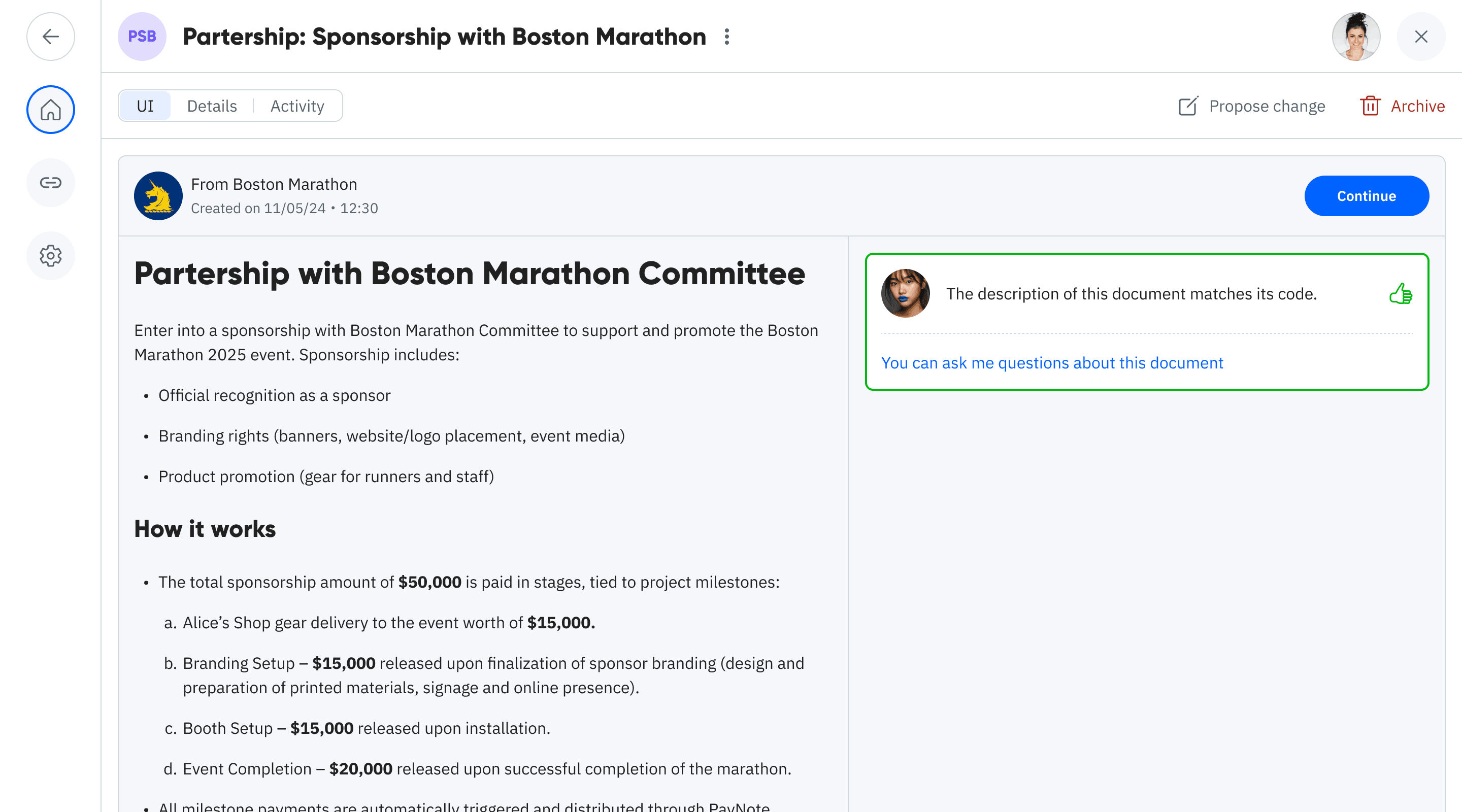 Alice's Shop receives a sponsorship contract proposal from the Boston Marathon Committee. preview